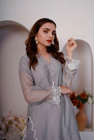 Grey Embroidered Anarkali with Dupatta