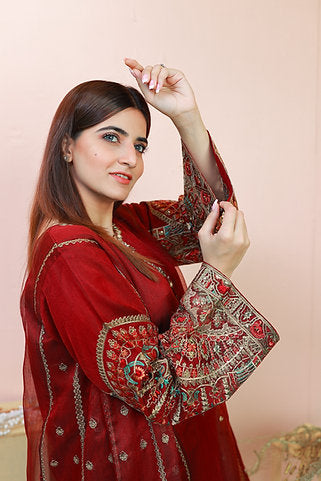 Embroidered Red & Green Dress Set