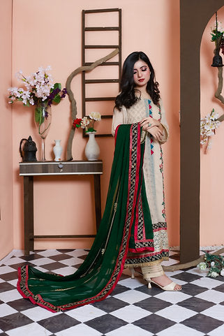 Embroidered Cream Ensemble with Green Dupatta