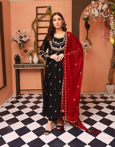 Black Embroidered Suit & Red Dupatta