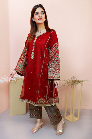 Embroidered Red & Green Dress Set