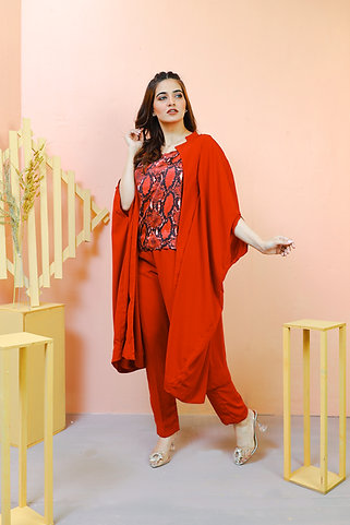 Floral Red Ensemble & Trousers with Cape