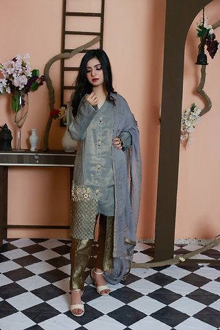 Golden Embroidered Grey Ensemble