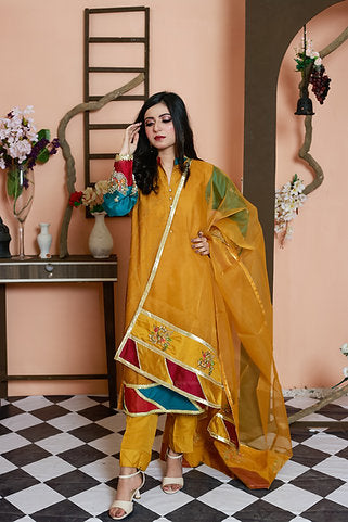 Mustard Anarkali with Red Embroidery