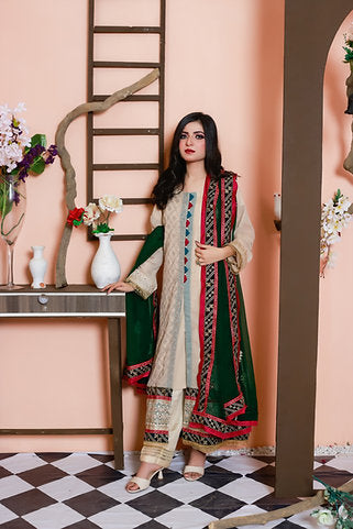 Embroidered Cream Ensemble with Green Dupatta