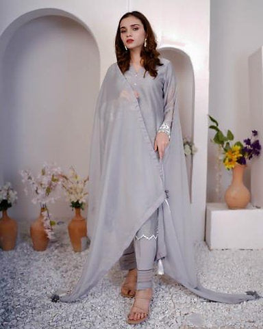 Grey Embroidered Anarkali with Dupatta