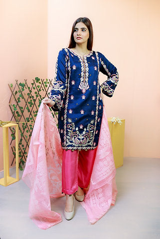 Embroidered Blue and Pink Elegant Dress Set