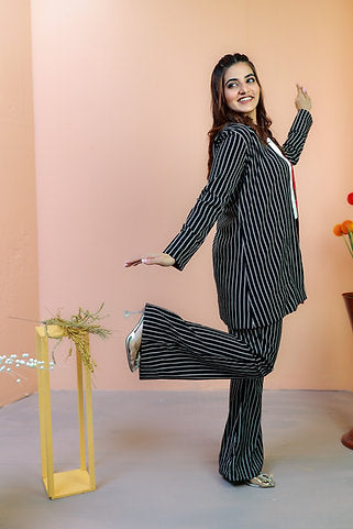 Striped Suit Set with Floral Accent