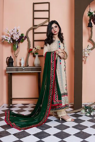 Embroidered Cream Ensemble with Green Dupatta