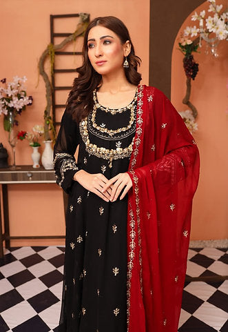 Black Embroidered Suit & Red Dupatta