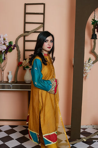 Mustard Anarkali with Red Embroidery