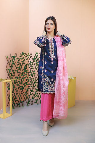 Embroidered Blue and Pink Elegant Dress Set