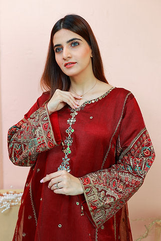 Embroidered Red & Green Dress Set