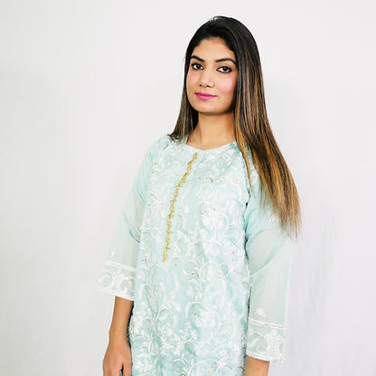 Mint Floral Embroidered Kurta