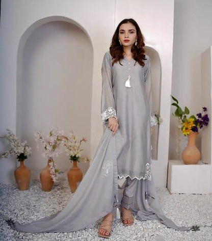 Grey Embroidered Anarkali with Dupatta