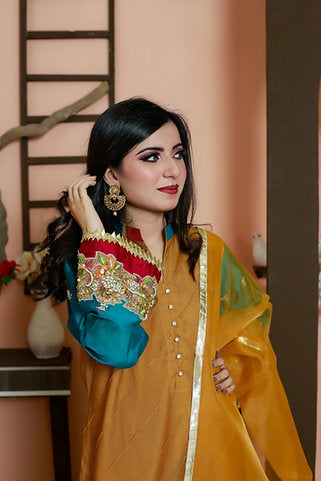 Mustard Anarkali with Red Embroidery