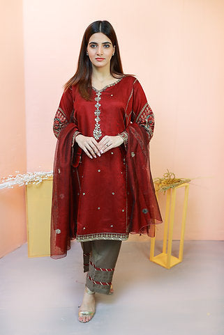 Embroidered Red & Green Dress Set