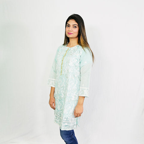 Mint Floral Embroidered Kurta