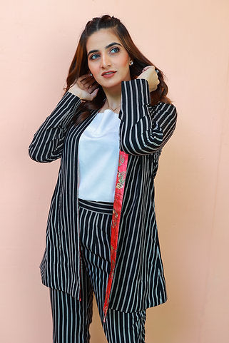 Striped Suit Set with Floral Accent