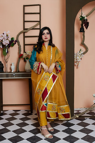 Mustard Anarkali with Red Embroidery