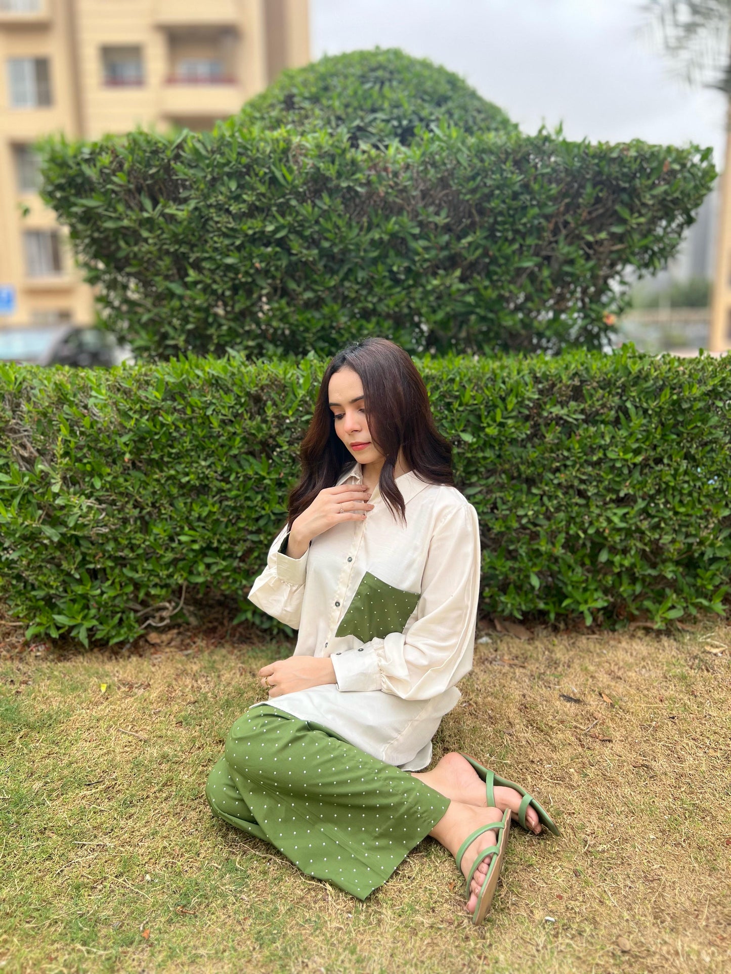 Elegant Green Printed Shalwar with White Shirt Ensemble