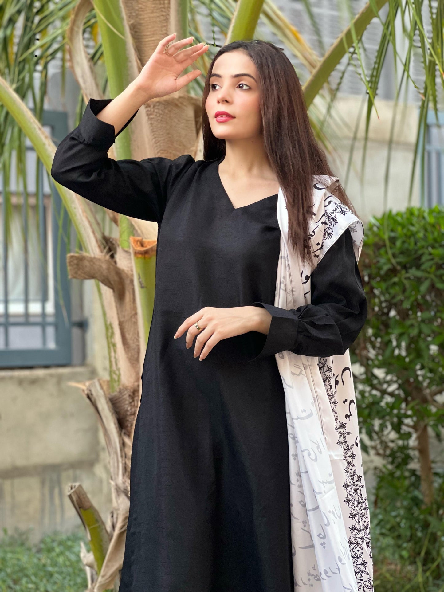 Black 3 Piece Suit with Silk Dupatta & Urdu Calligraphy