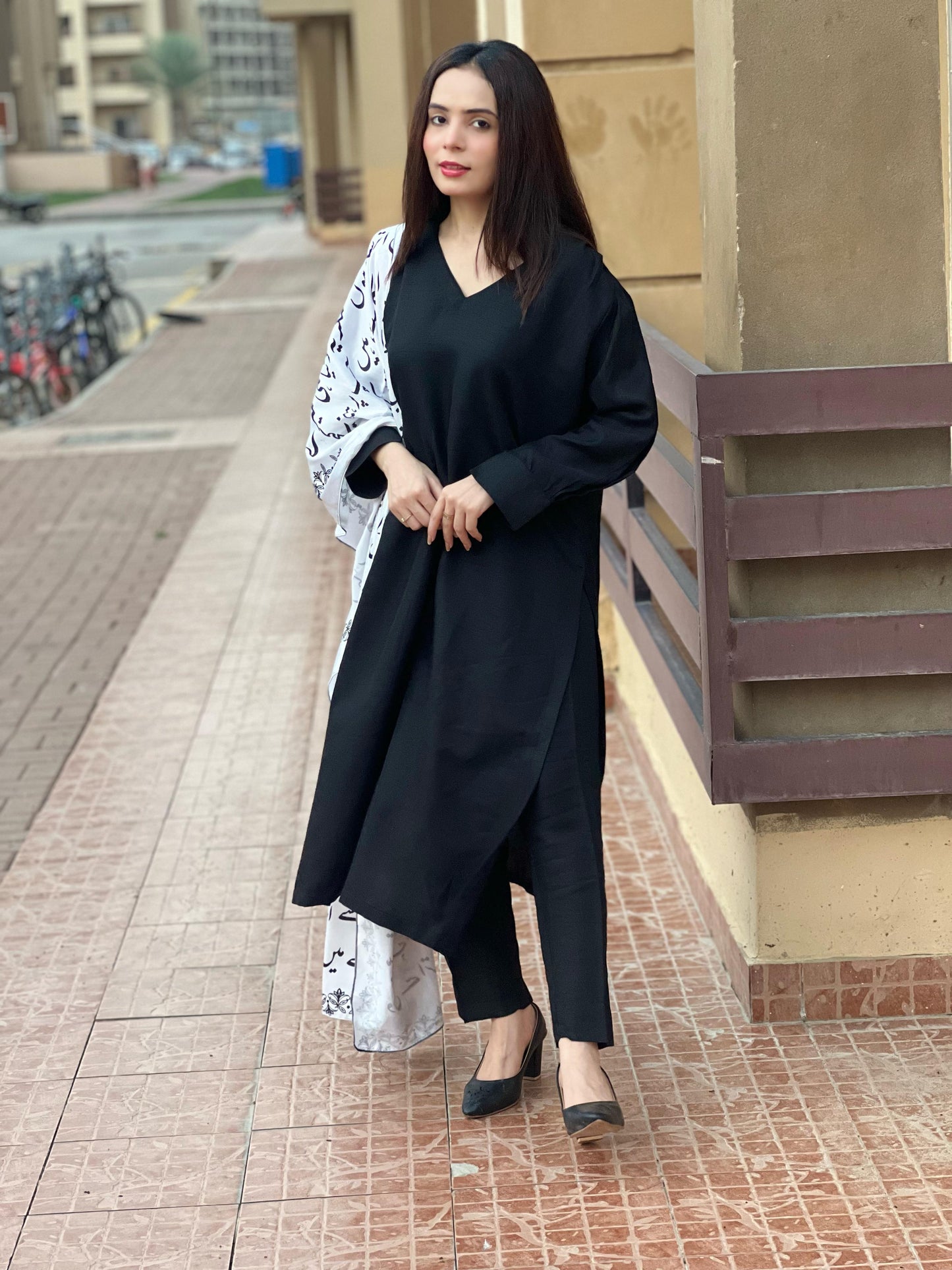 Black 3 Piece Suit with Silk Dupatta & Urdu Calligraphy