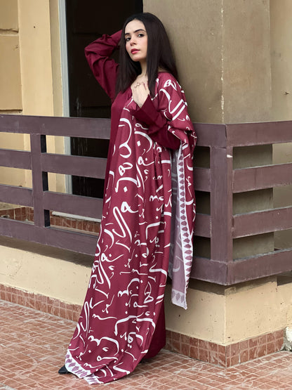 Maroon 3 Piece Long Frock with Silk Calligraphy Dupatta