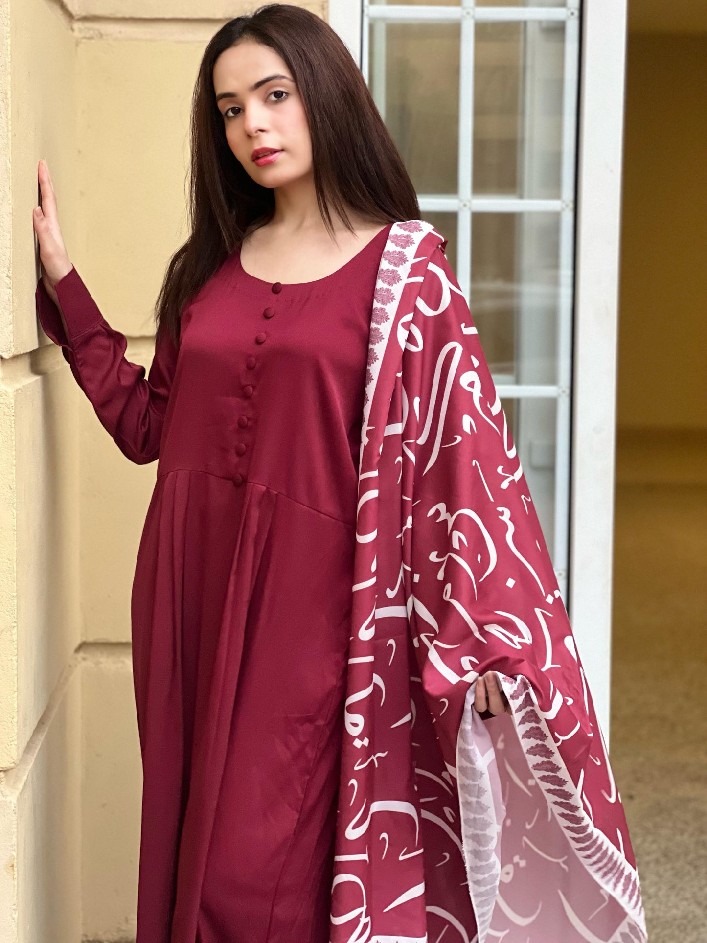 Maroon 3 Piece Long Frock with Silk Calligraphy Dupatta