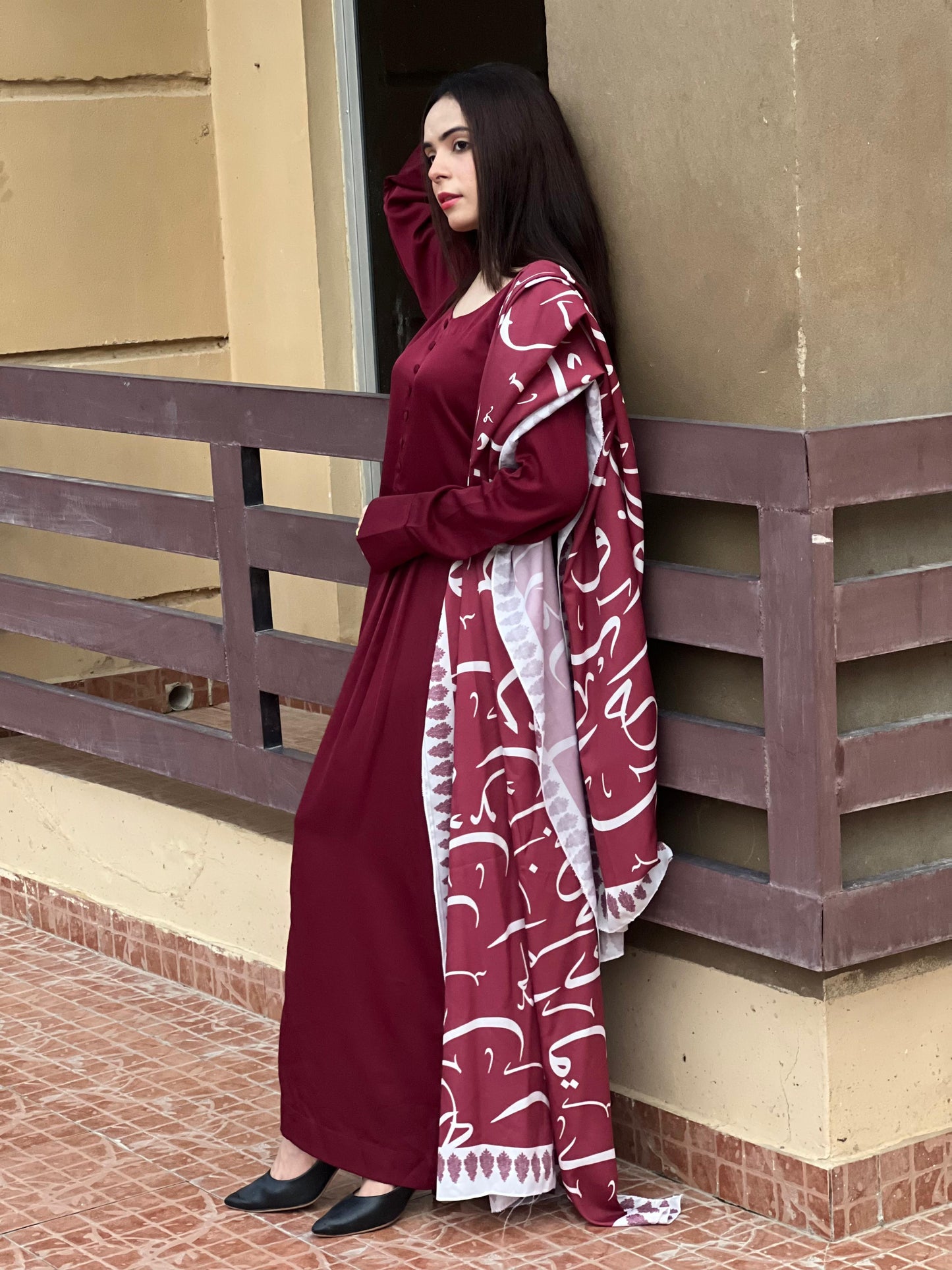 Maroon 3 Piece Long Frock with Silk Calligraphy Dupatta