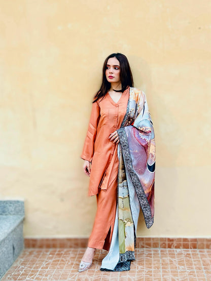 3 Piece Suit with Multicolor Printed Dupatta